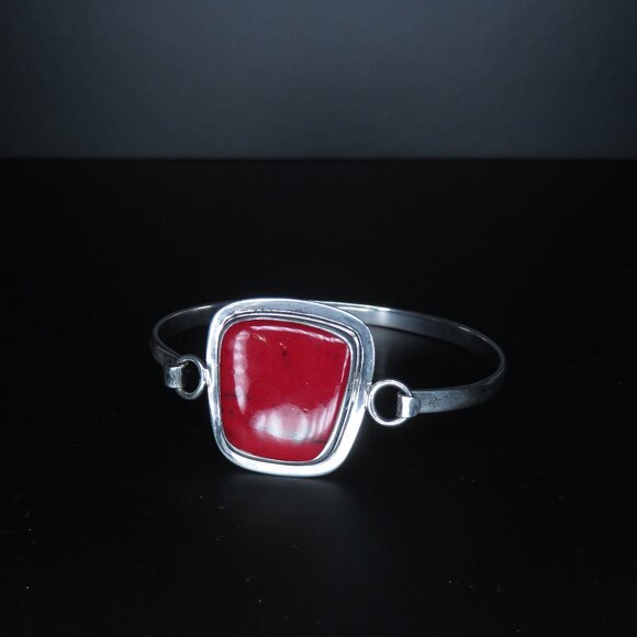 Jewelry - Sterling Silver Hinged Bangle with Red Stone